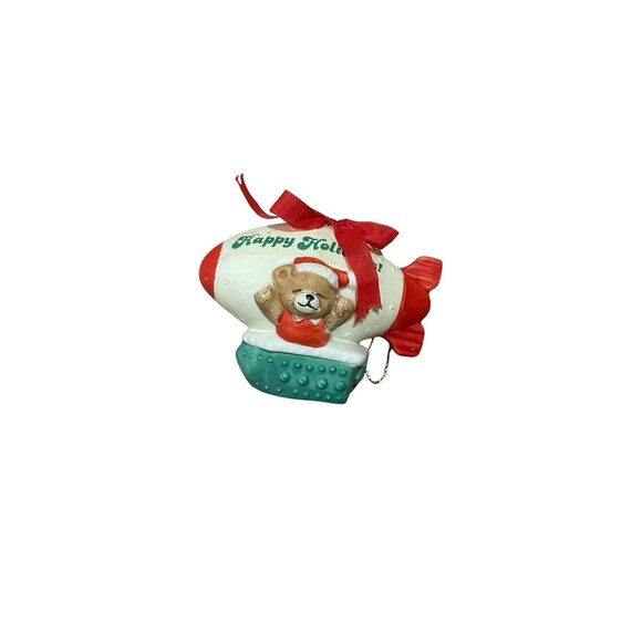 Vintage Christmas Ornament Blimp Teddy Bear Happy Holidays Red Green Retro Cute - Picture 2 of 14